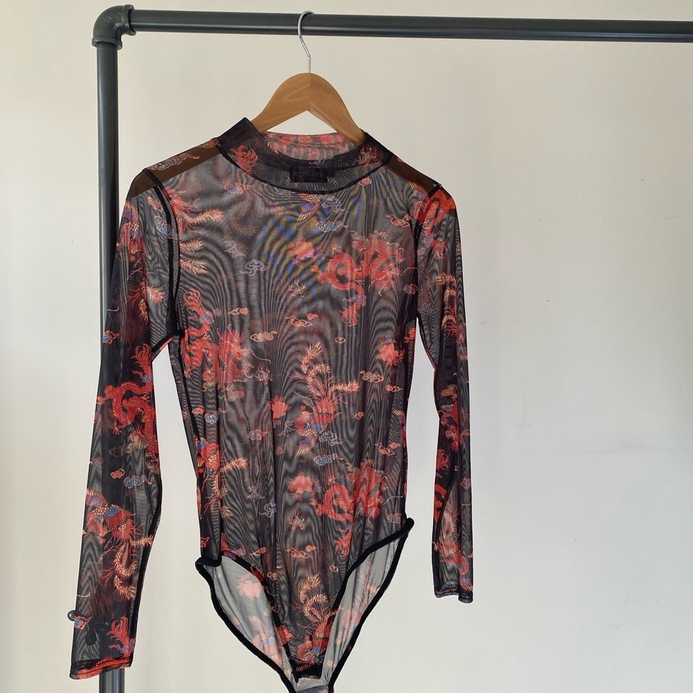 sheer black and red dragon bodysuit
